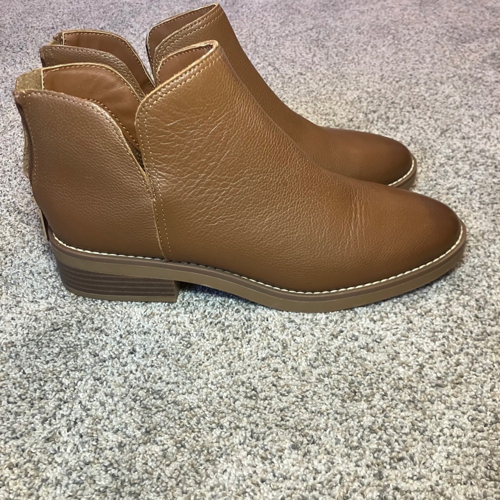 Lands End Womens 8.5 Essential Zip Up Ankle Booties Cognac Brown Pebbled Leather